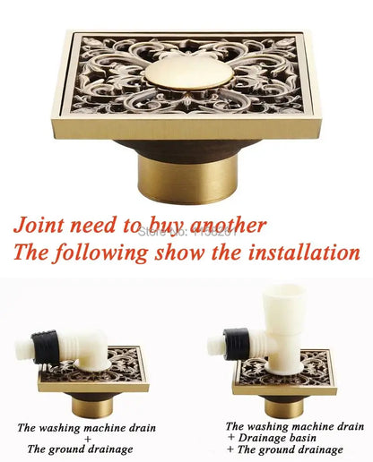 Antique brass shower drain with engraved chinese motifs bathroom cover