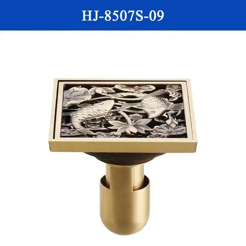 Antique brass shower drain with engraved chinese motifs bathroom cover