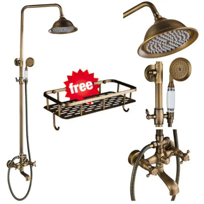 Antique brass shower faucet set bathroom rainfall head and handheld spray