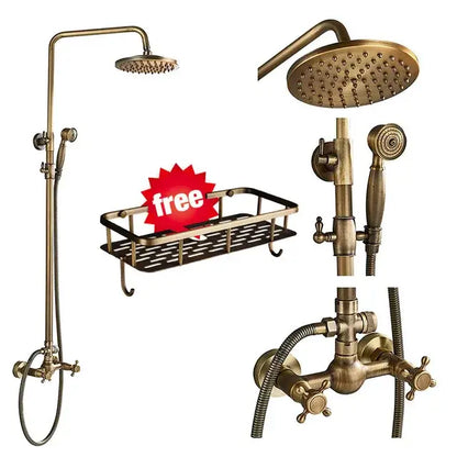 Antique brass shower faucet set bathroom rainfall head and handheld spray