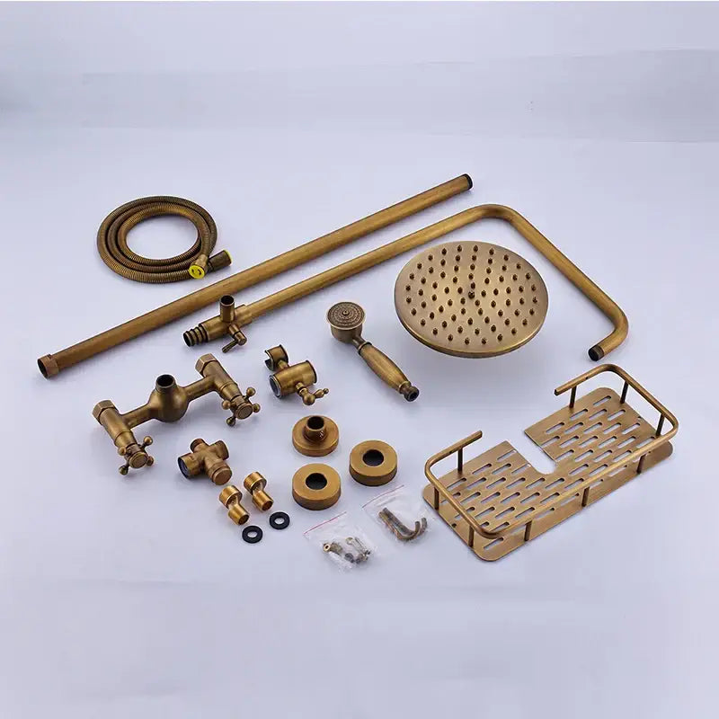 Antique brass shower faucet set bathroom rainfall head and handheld spray
