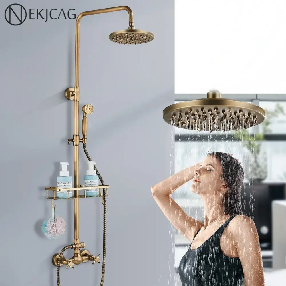 Antique brass shower faucet set bathroom rainfall head and handheld spray