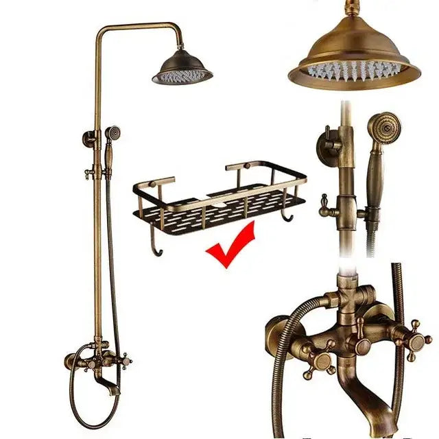 Antique brass shower faucet set bathroom rainfall head and handheld spray