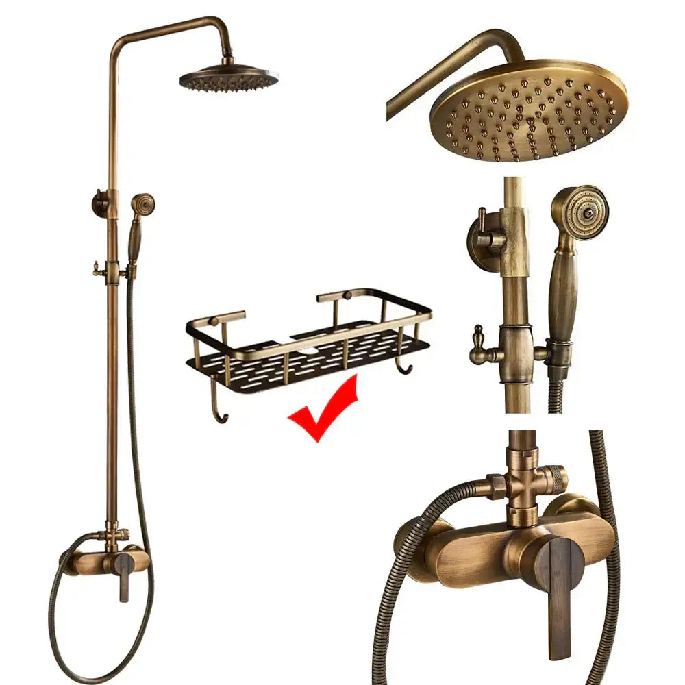 Antique brass shower faucet set bathroom rainfall head and handheld spray