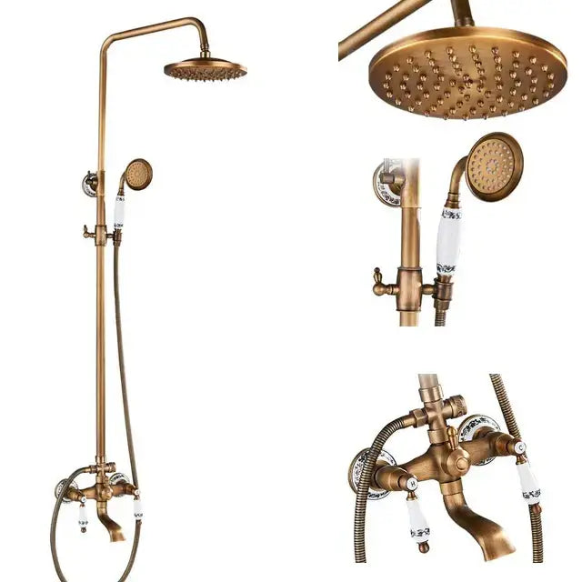 Antique brass shower faucet set bathroom rainfall head and handheld spray