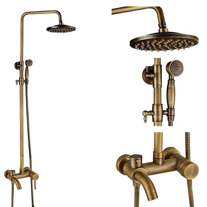Antique brass shower faucet set bathroom rainfall head and handheld spray