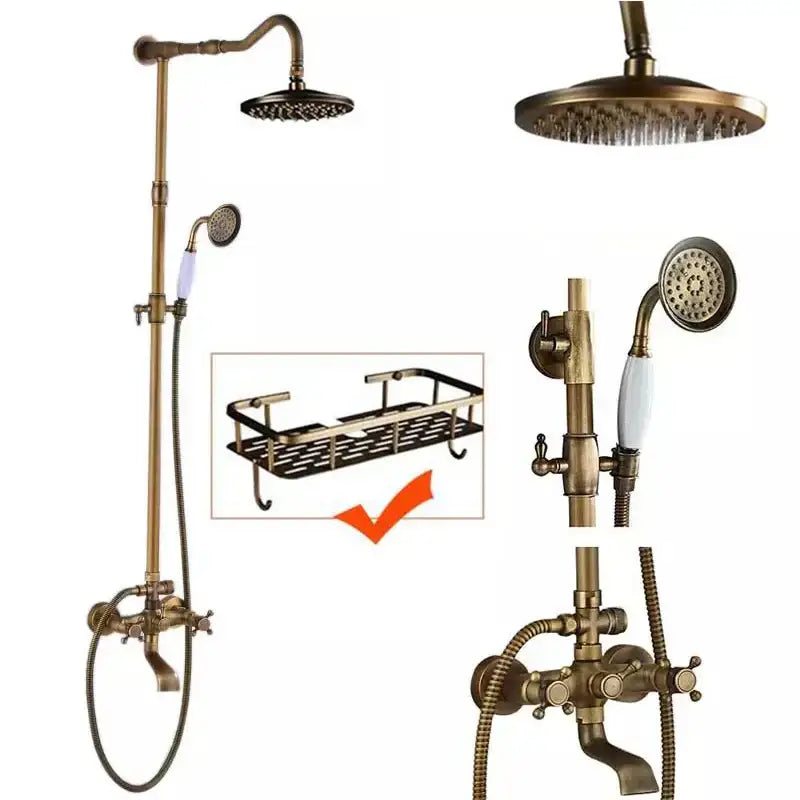 Vintage antique brass shower faucet set bathroom rainfall system