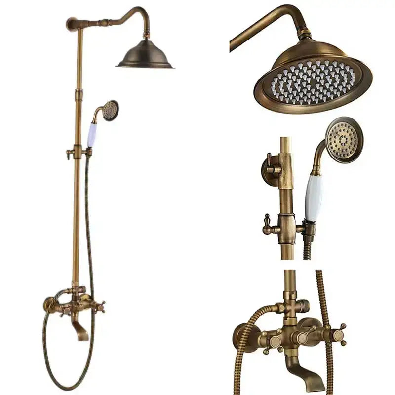 Vintage antique brass shower faucet set bathroom rainfall system