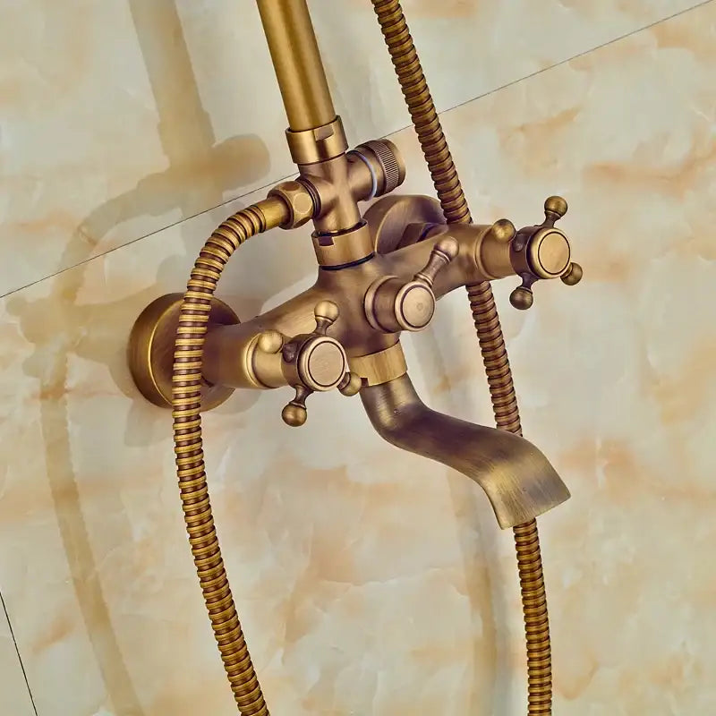 Vintage antique brass shower faucet set bathroom rainfall system