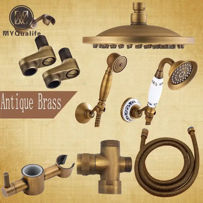 Antique brass shower faucet set with handheld sprayer bathroom rainhead