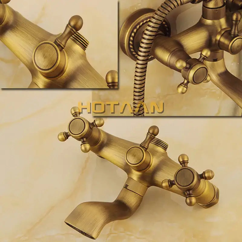 Antique brass shower faucet set with rainfall head for bathroom