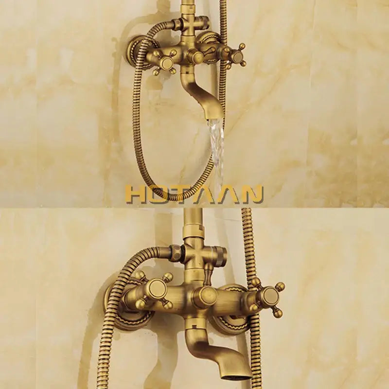 Antique brass shower faucet set with rainfall head for bathroom