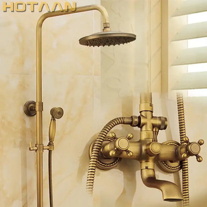 Antique brass shower faucet set with rainfall head for bathroom