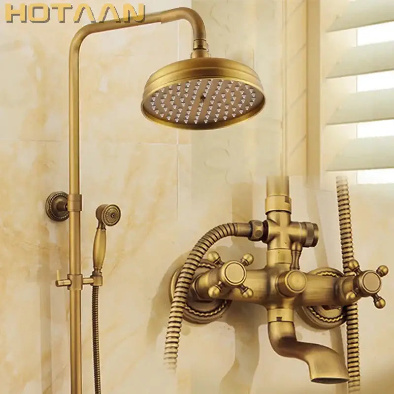 Antique brass shower faucet set with rainfall head for bathroom