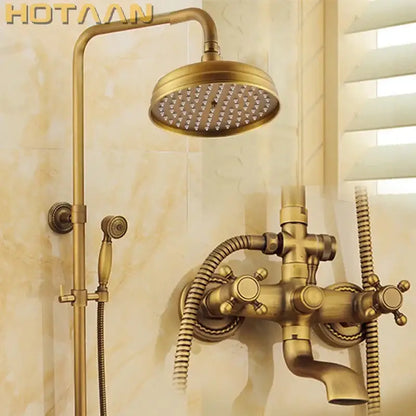 Antique brass shower faucet set with rainfall head for bathroom