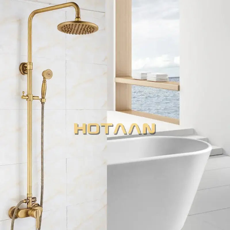 Antique brass shower faucet set with rainhead bathroom hand shower
