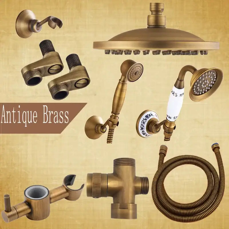 Antique brass shower set with ceramic handheld sprayer for bathroom