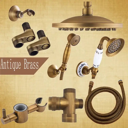 Antique brass shower set with ceramic handheld sprayer for bathroom