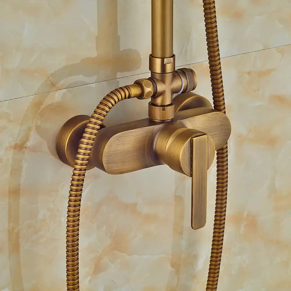 Antique brass shower set with rainfall head and sprayer – bathroom