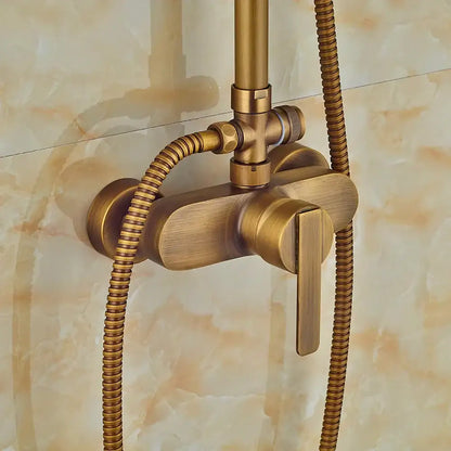 Antique brass shower set with rainfall head and sprayer – bathroom