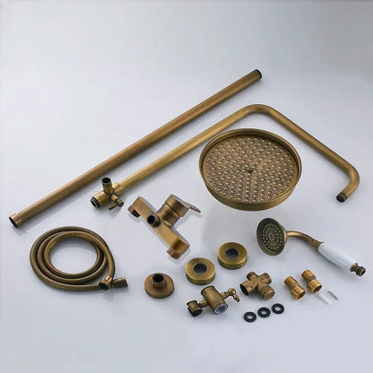 Antique brass shower set with rainfall head and sprayer – bathroom
