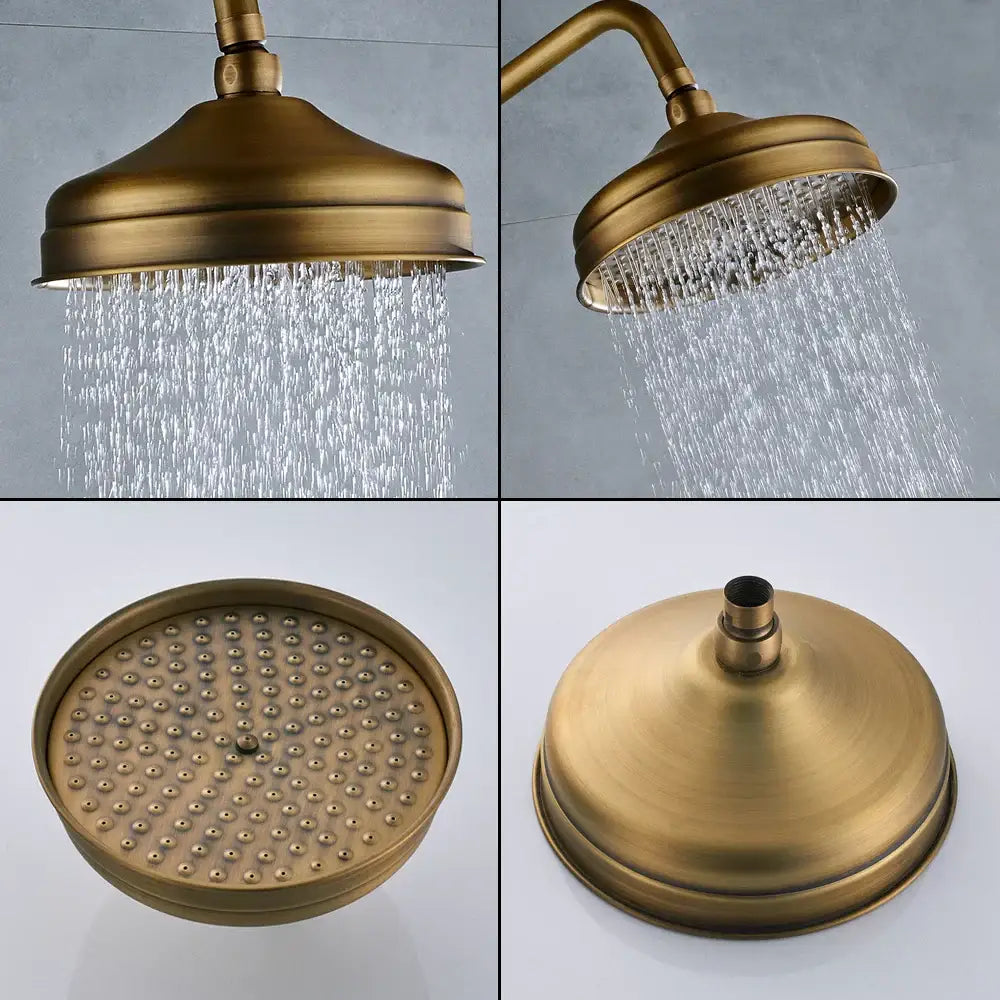 Antique brass shower set with rainfall head and sprayer – bathroom