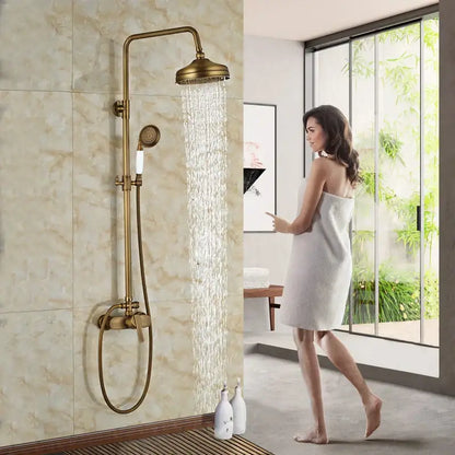 Antique brass shower set with rainfall head and sprayer – bathroom