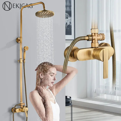 Antique brass shower set with rainfall head and handshower bathroom