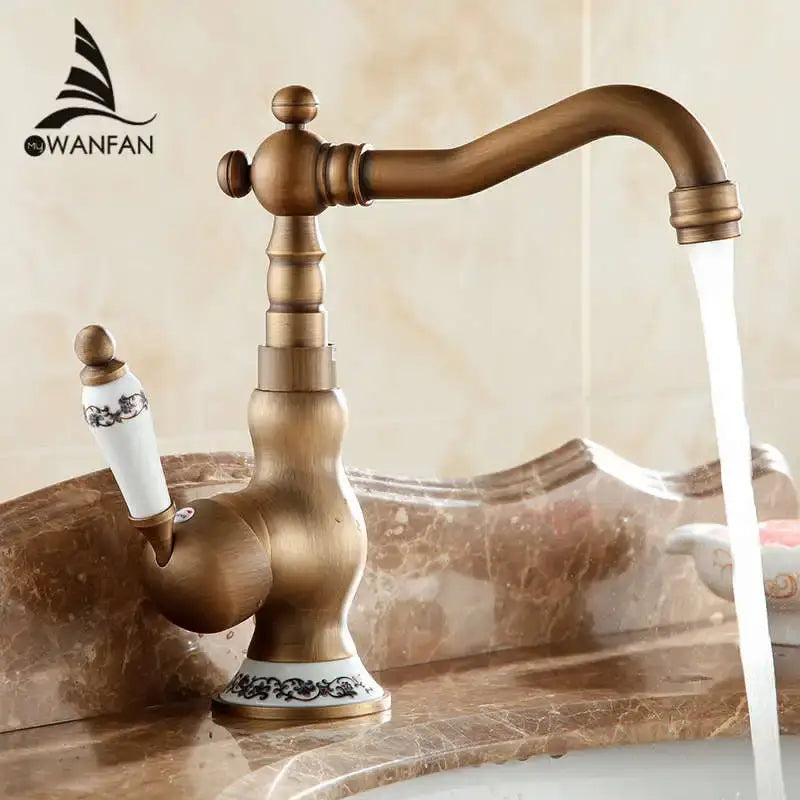 Antique brass floral single handle basin faucet kitchen swivel tap