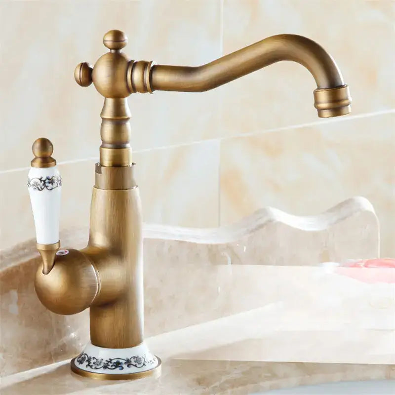 Antique brass floral single handle basin faucet kitchen swivel tap