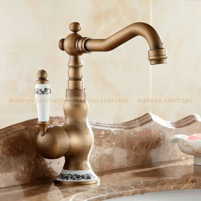 Antique brass floral single handle basin faucet kitchen swivel tap