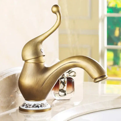 Antique brass single handle floral porcelain bathroom sink faucet