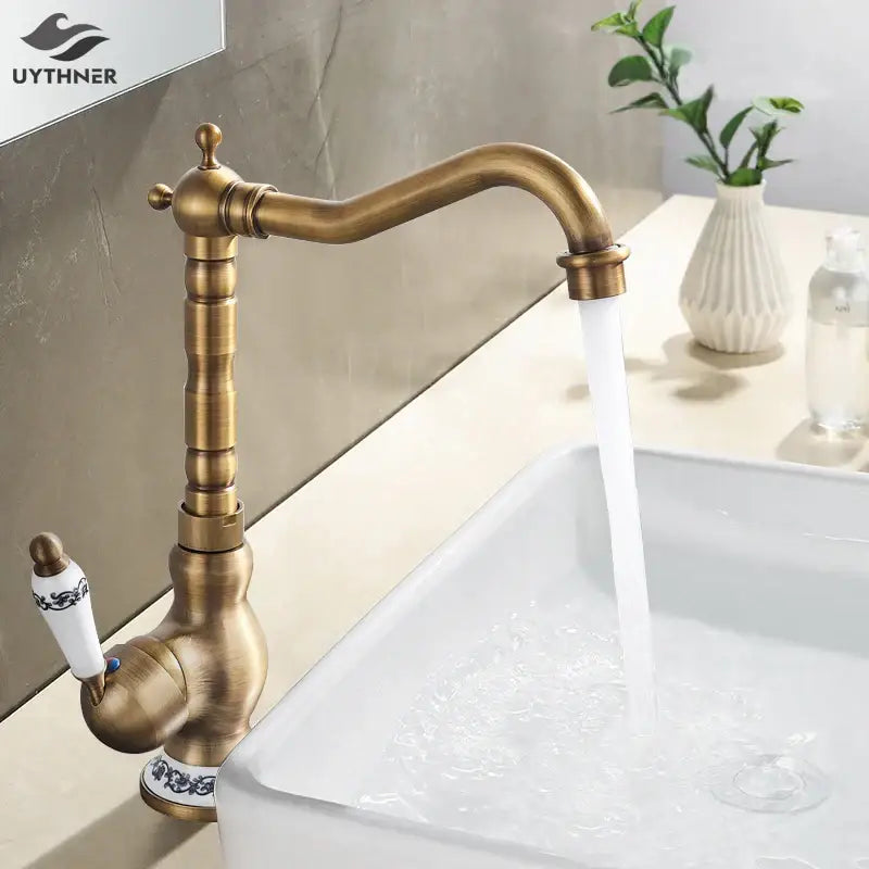 Antique brass ceramic handle kitchen sink faucet