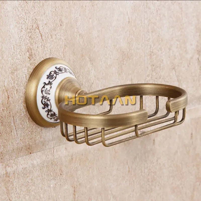 Antique brass soap holder with floral ceramic backplate bathroom basket