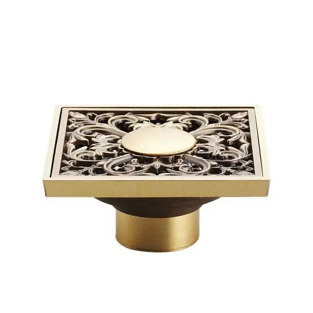 Antique brass square fish carved floor drain bathroom strainer