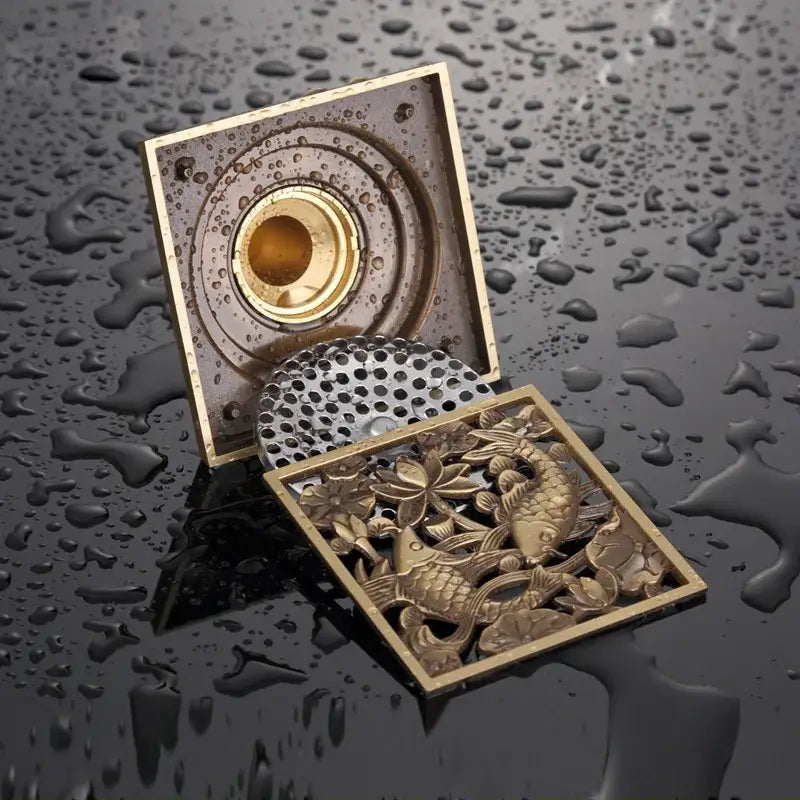 Antique brass square fish carved floor drain bathroom strainer