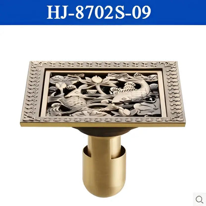 Antique brass square shower floor drain floral embossed bathroom grate