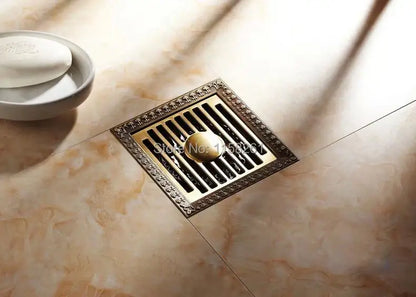 Antique brass square shower floor drain floral embossed bathroom grate