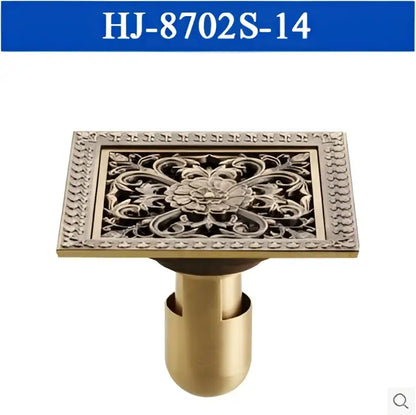 Antique brass square shower floor drain floral embossed bathroom grate