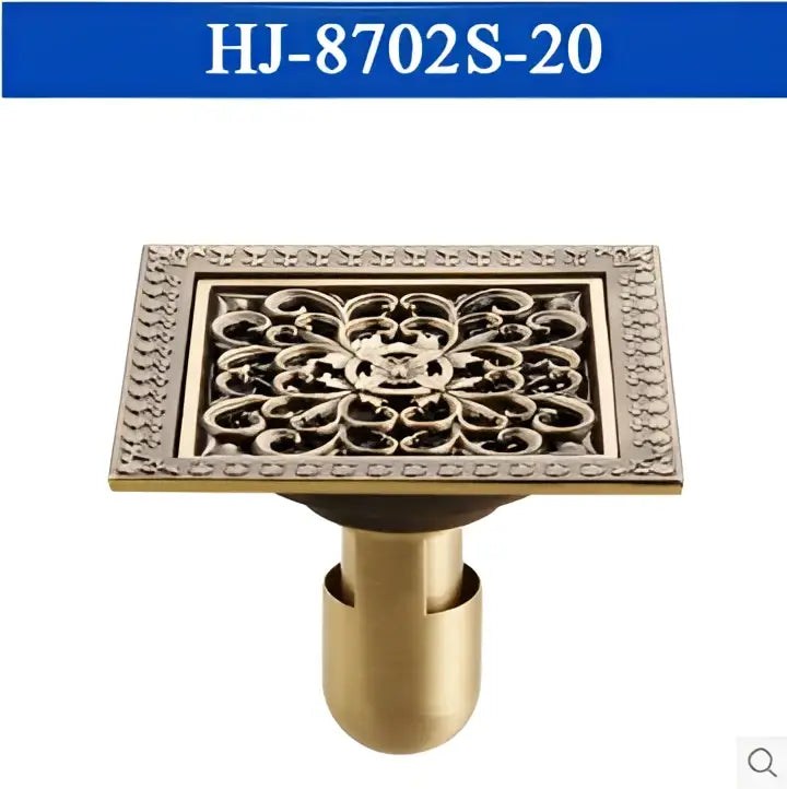Antique brass square shower floor drain floral embossed bathroom grate