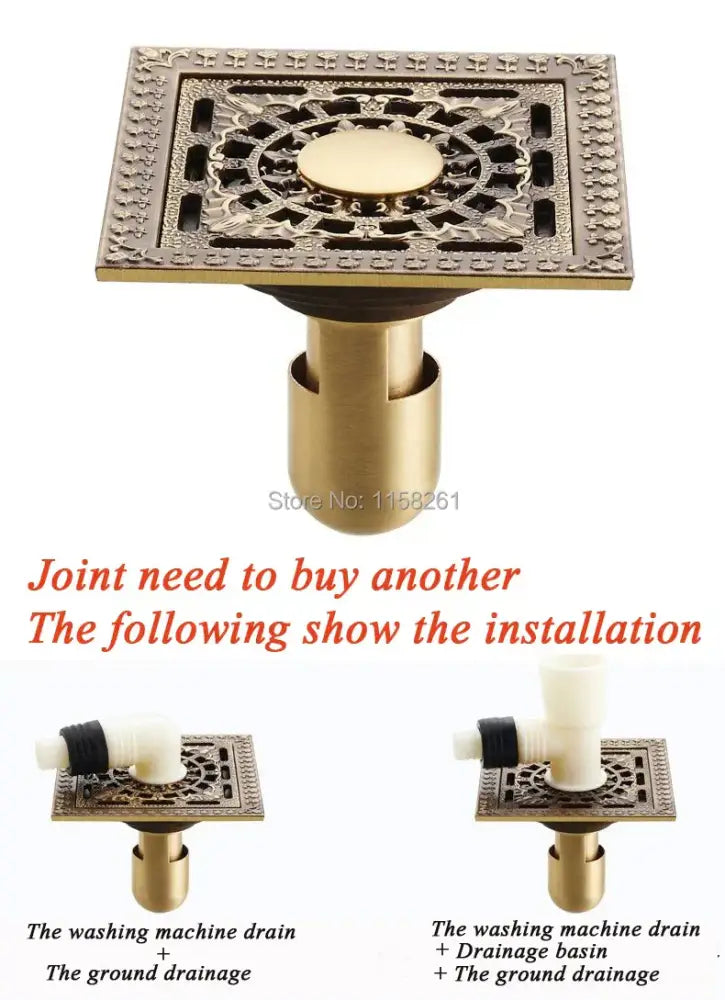 Antique brass square shower floor drain floral embossed bathroom grate