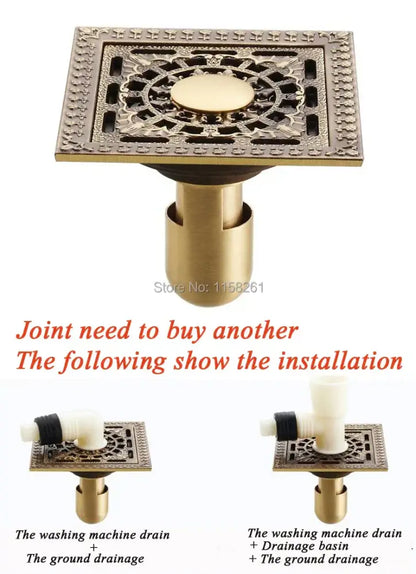 Antique brass square shower floor drain floral embossed bathroom grate