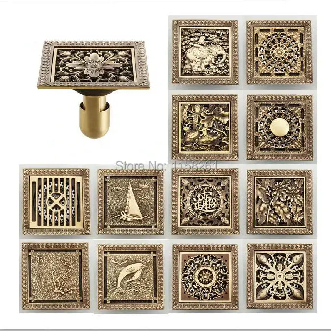 Antique brass square shower floor drain floral embossed bathroom grate