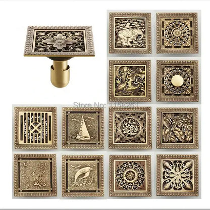 Antique brass square shower floor drain floral embossed bathroom grate