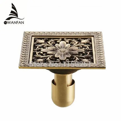 Antique brass square shower floor drain floral embossed bathroom grate