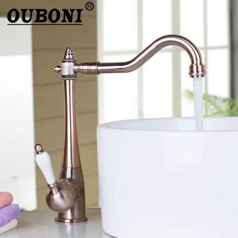 Antique brass kitchen faucet with ceramic handle