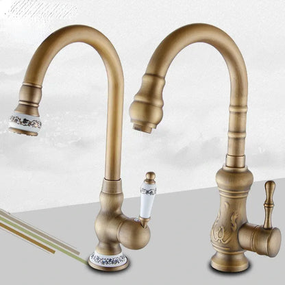 Antique brass swivel spout kitchen faucet with floral ceramic handle