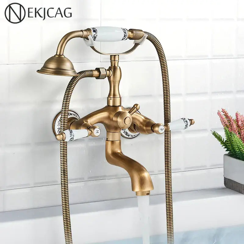 Antique brass telephone shape bathtub faucet bathroom floral handles
