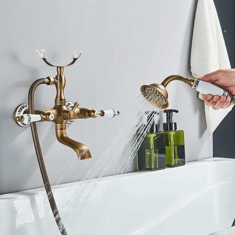 Antique brass telephone shape bathtub faucet bathroom floral handles