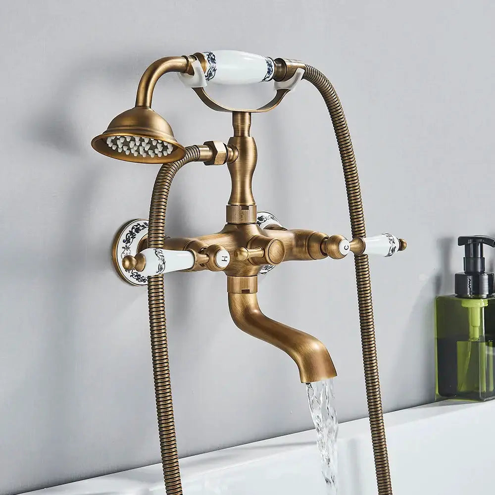 Antique brass telephone shape bathtub faucet bathroom floral handles